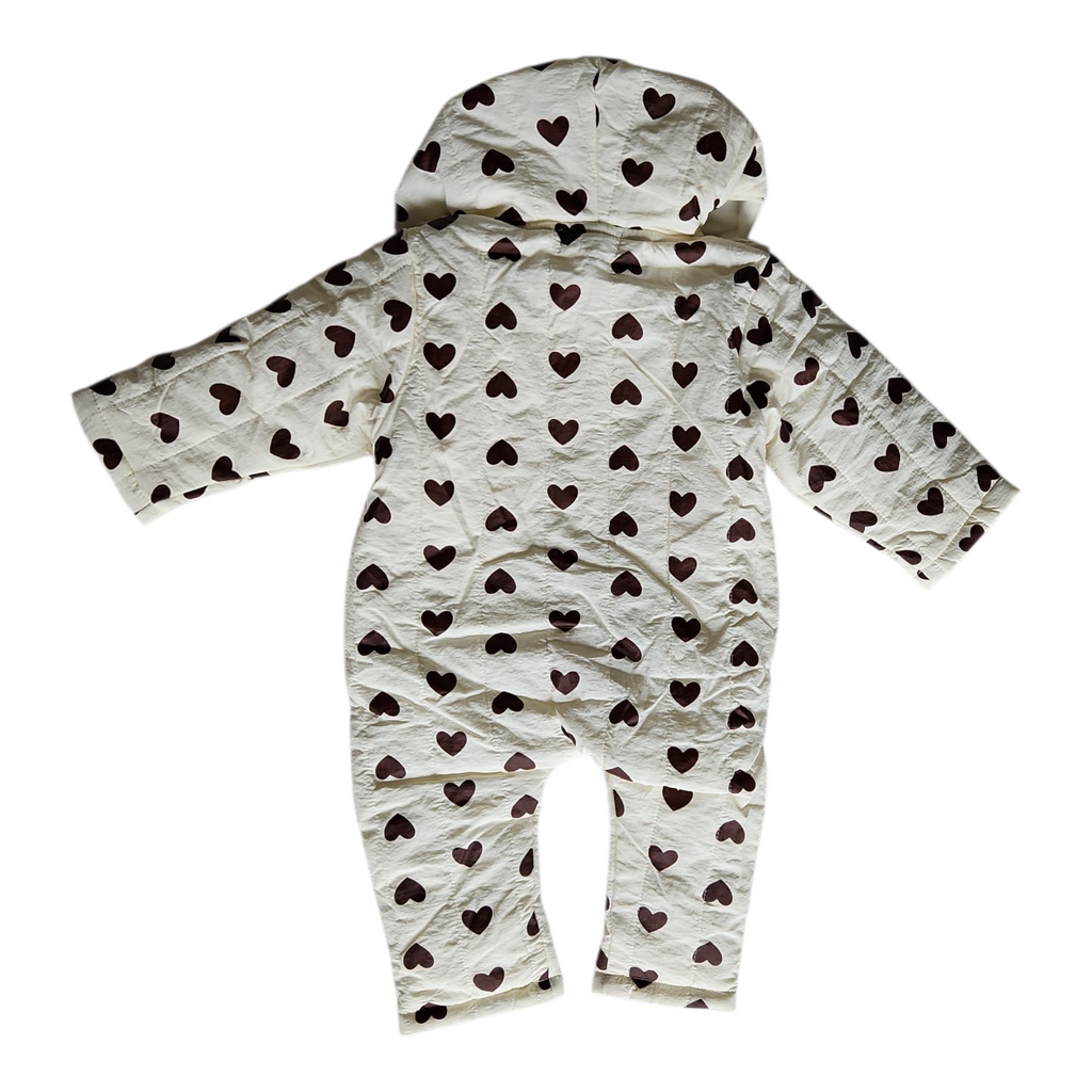 Combinaison pilote hiver bébé imperméable – Blanche à cœurs marron
