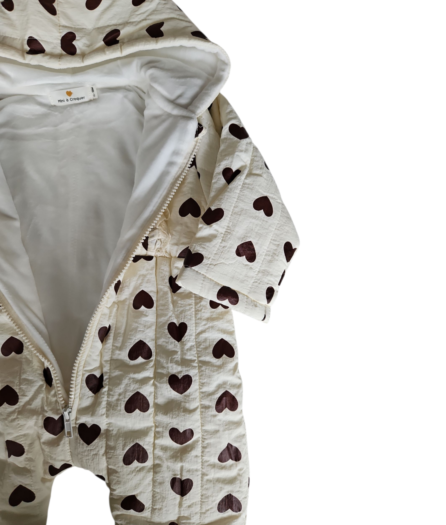 Combinaison pilote hiver bébé imperméable – Blanche à cœurs marron