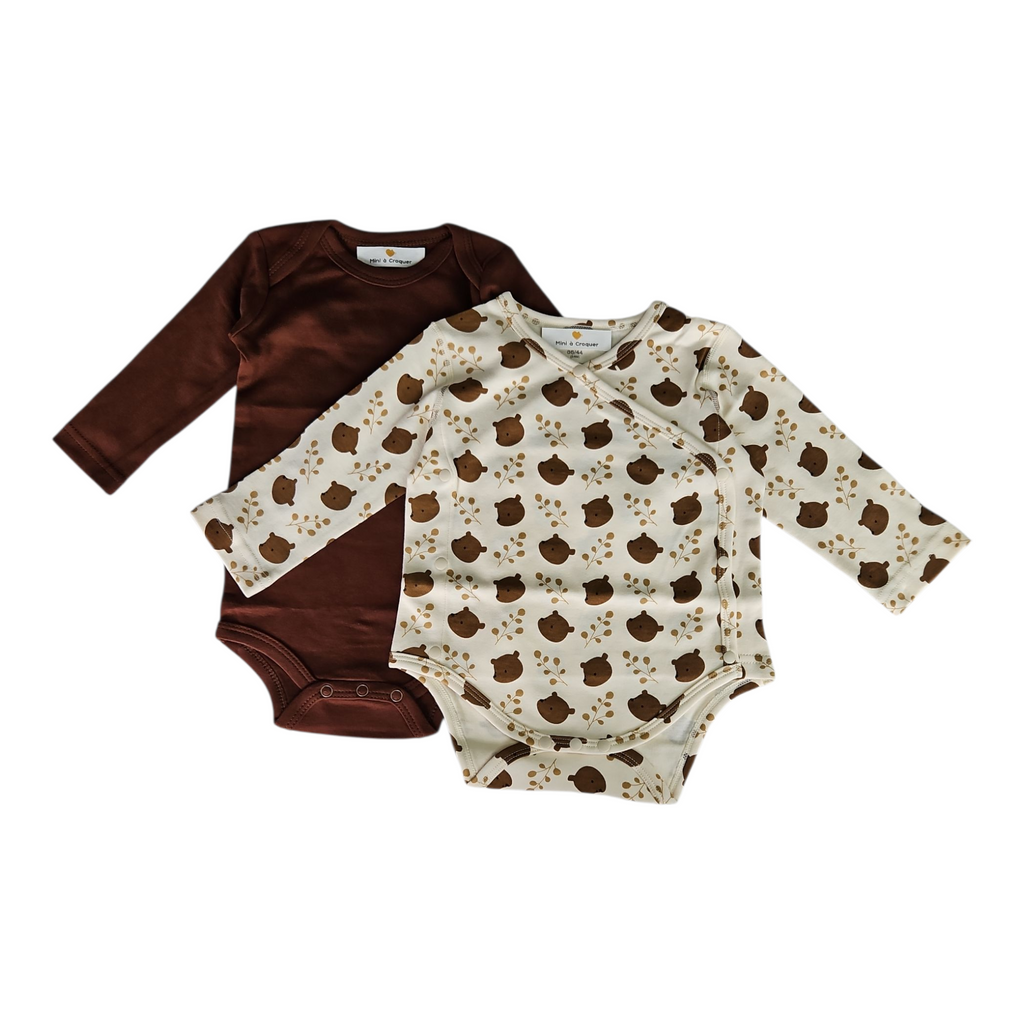 Lot de 2 bodies 100% coton manches longues mixte – Ourson cache-cœur & Marron classique