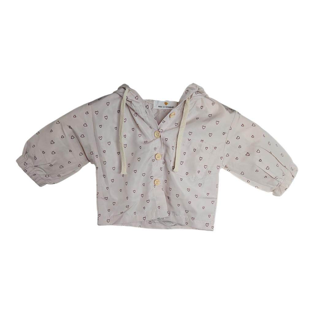 Imperméable fin bébé mixte – Beige à cœurs noirs – Capuche & boutons