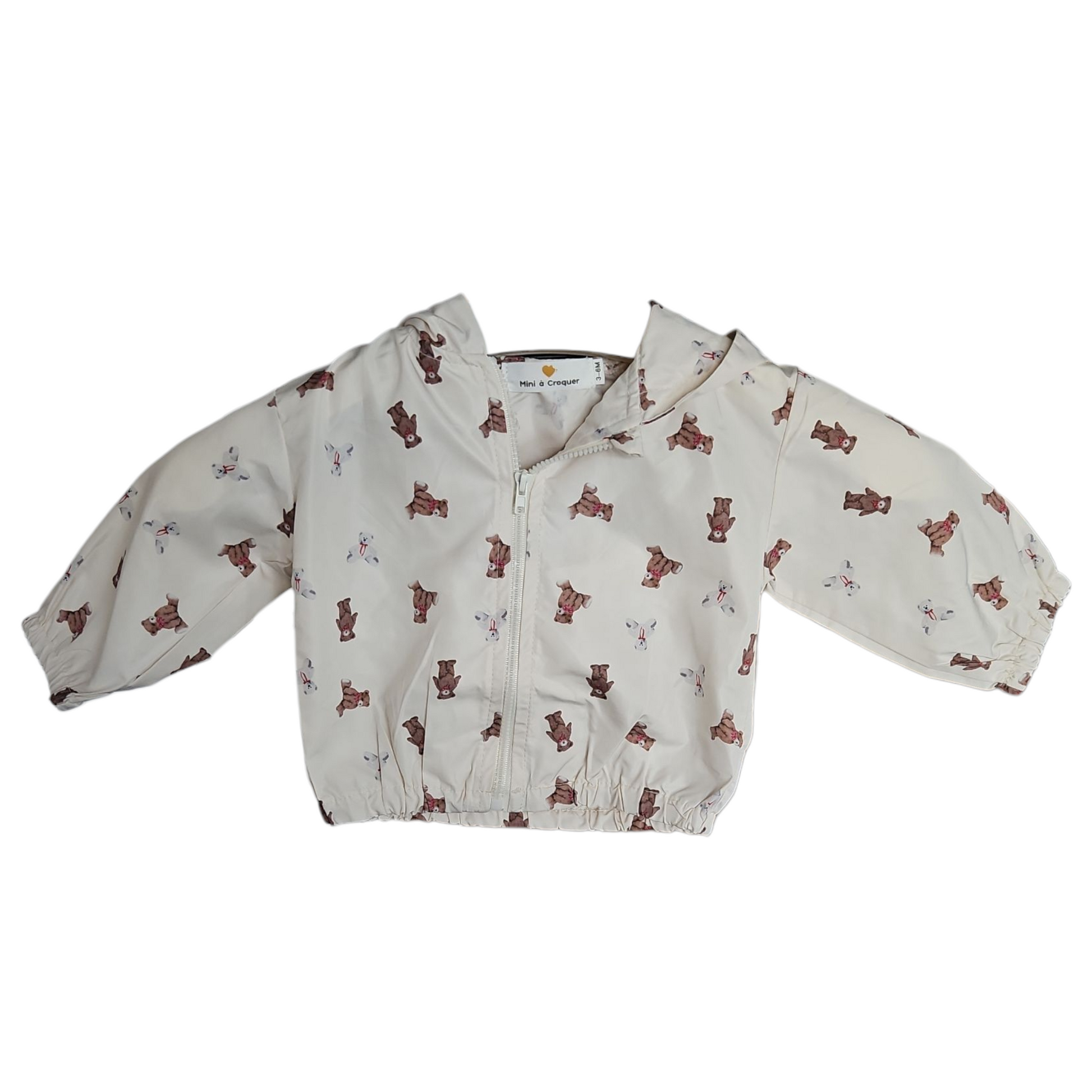 Imperméable fin bébé mixte – Blanc motif ourson – Capuche et fermeture zippée