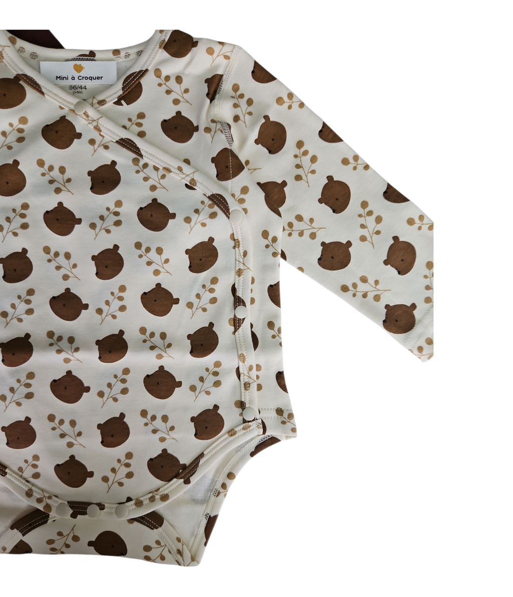 Lot de 2 bodies 100% coton manches longues mixte – Ourson cache-cœur & Marron classique