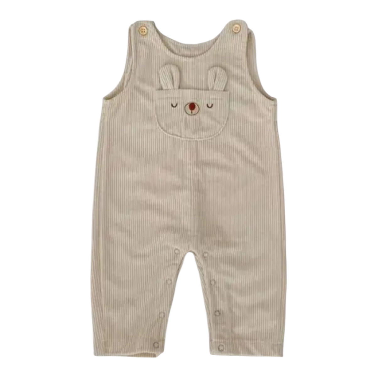 Salopette bébé velours côtelé – Motif lapin beige – Boutons pression