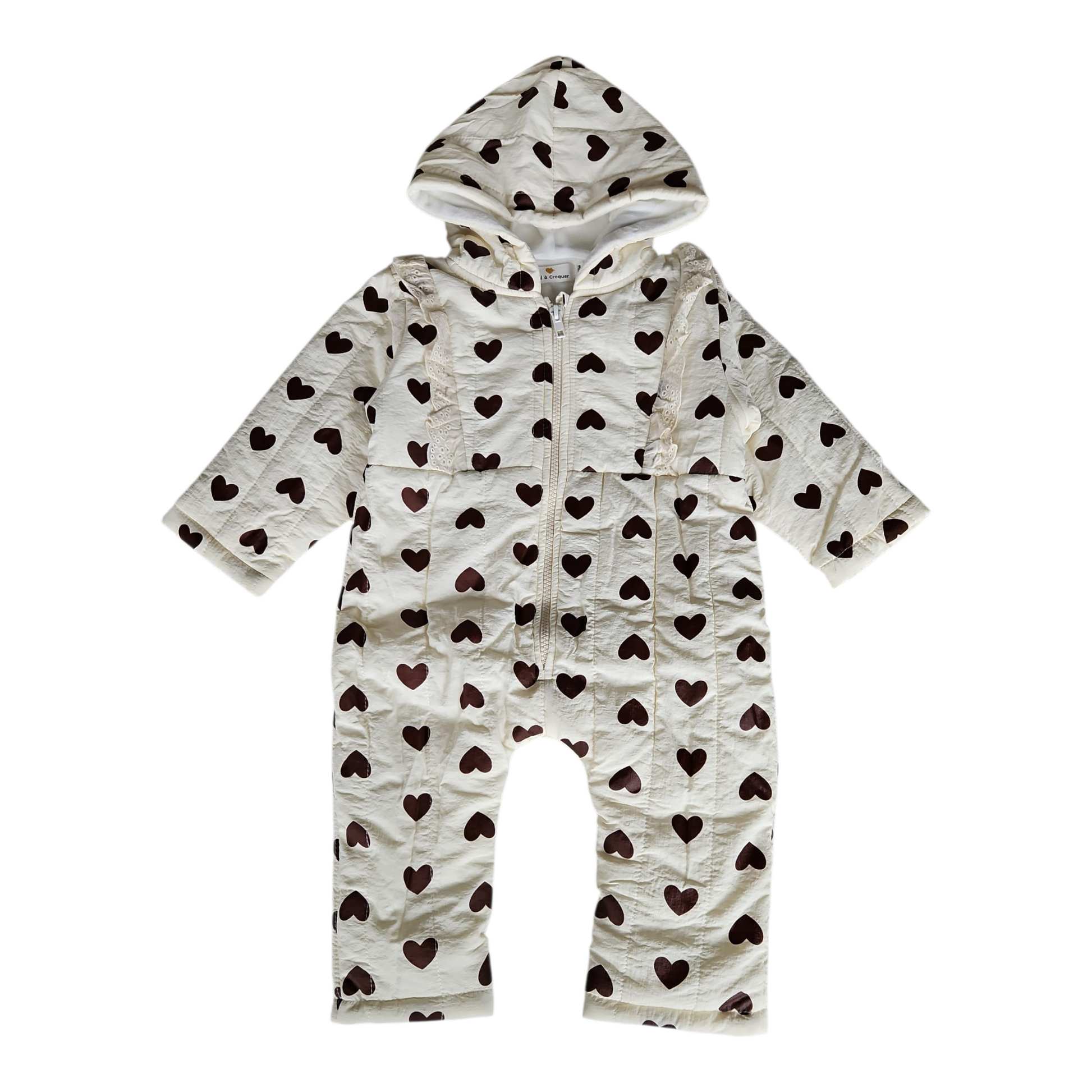 Combinaison pilote hiver bébé imperméable – Blanche à cœurs marron