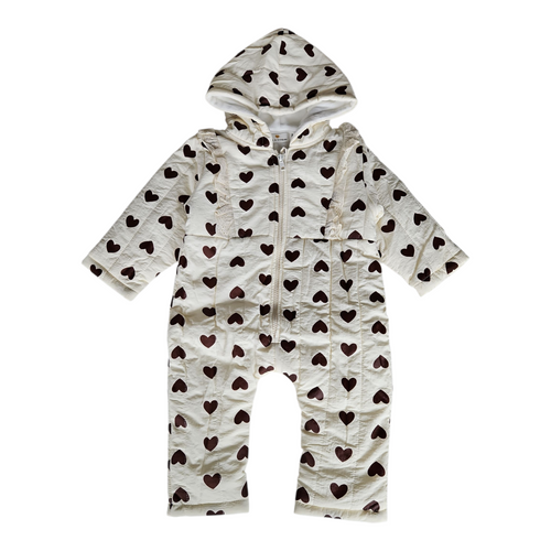 Combinaison pilote hiver bébé imperméable – Blanche à cœurs marron