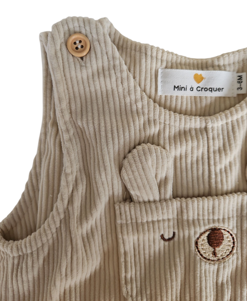 Salopette bébé velours côtelé – Motif lapin beige – Boutons pression