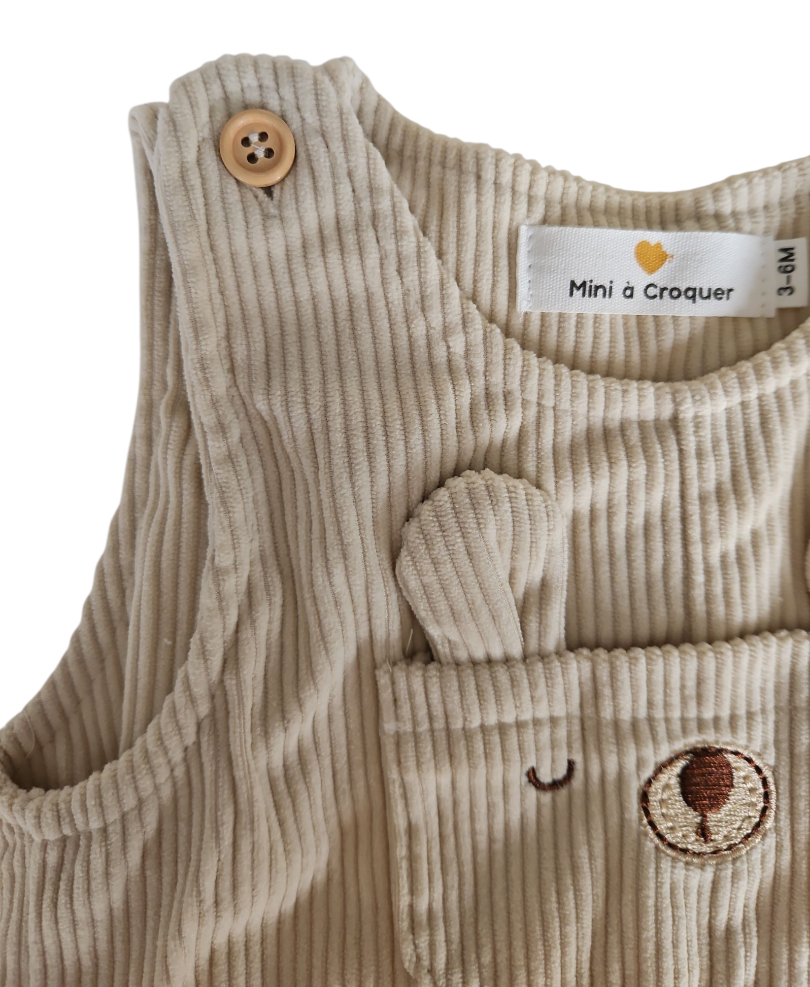 Salopette bébé velours côtelé – Motif lapin beige – Boutons pression