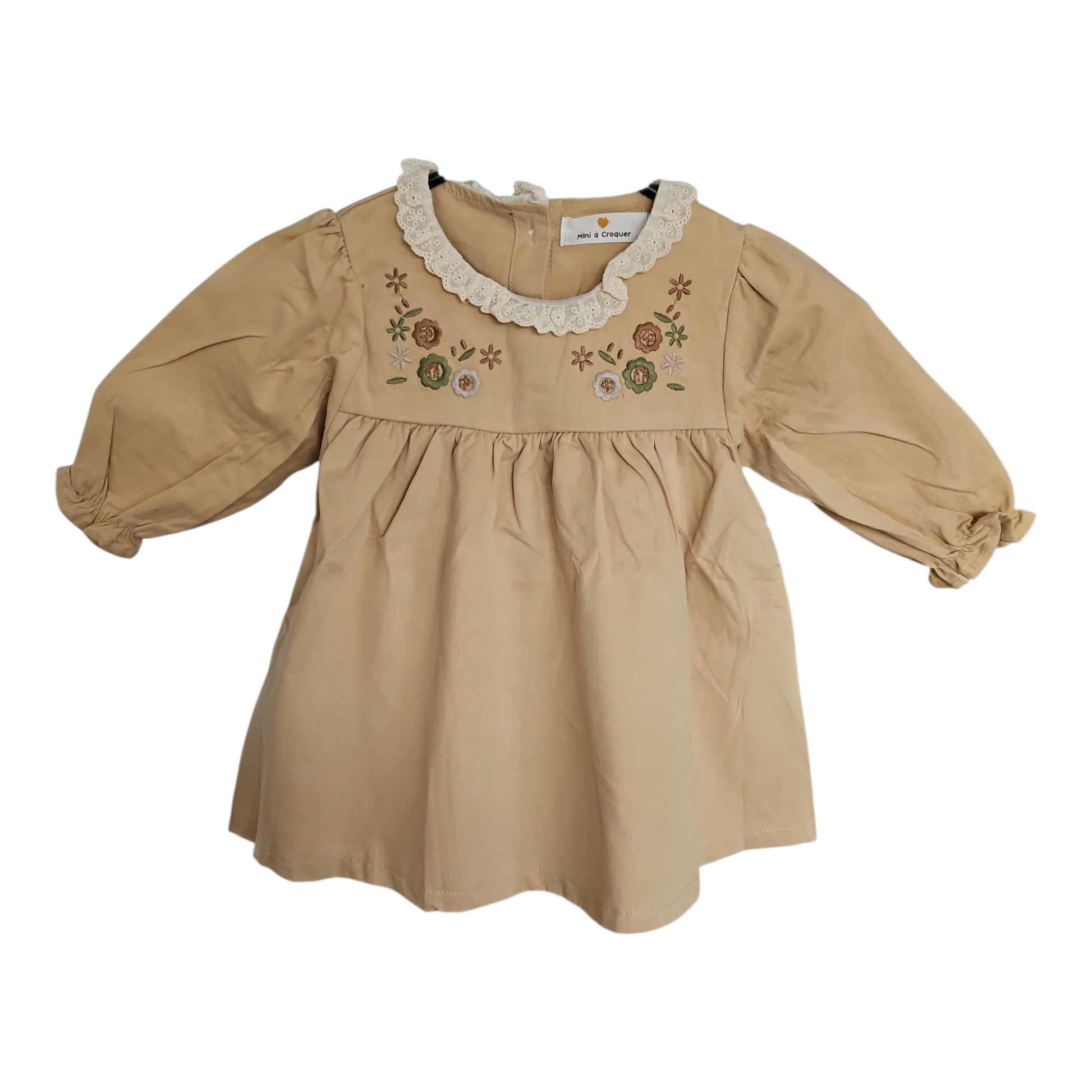 Robe bébé fille en coton – Broderie fleurs & col dentelle